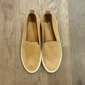 Low-top, slip on, suede, sand colored sneakers